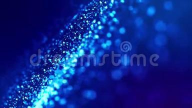 神奇的蓝色发光粒子流动在粘稠的液<strong>体</strong>和明亮的光泽。 <strong>科幻</strong>小说。 4k<strong>三</strong>维<strong>科幻</strong>背景